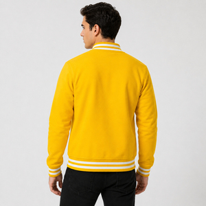 <b>Men's</b> Yellow Varsity Jacket With <b>White</b> Trim Button Front Casual Style Autumn Wear Regular Fit Solid Color <b>Fleece</b> Material - Product Image 2
