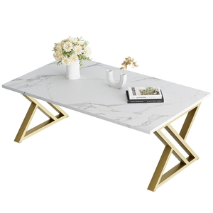<b>White</b> Marble Coffee <b>Table</b> with Gold Stainless Steel Geometric Base Rectangular Center <b>Table</b> for Contemporary Living Room and - Product Image 3