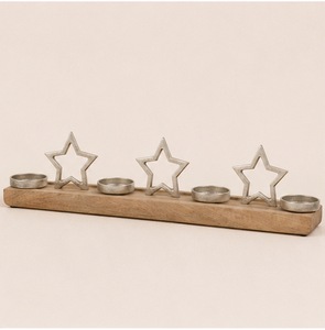 Handmade Rustic Mango Wood Advent Candle Holder Tray With 4 Silver Aluminum Stars Decorative Christmas Centerpiece For Home Use - Product Image 5