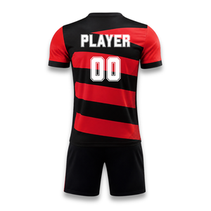 Custom Men's Red Black Striped Soccer Jersey Set V-Neck Short Sleeve Breathable Printed <b>Moisture</b> Wicking Polyester Uniform - Product Image 4