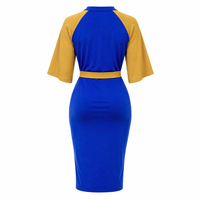 Robe moulante mi-longue Sigma Gamma Rho pour femme, bleu et or, à blocs de couleur contrastés, avec manches cape, détails boutonnés et ceinture à nouer à la taille