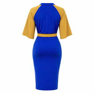 เดรสทรงบอดี้คอนสีน้ำเงินและทองตัดกันของ Sigma Gamma Rho สำหรับผู้หญิง แขนเสื้อแบบเคป แต่งกระดุมผูกเอวทรงเข้ารูป - Product Image 5