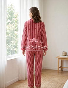 Ensemble de pyjama en coton rayé rouge et blanc pour femmes, élégant, à manches longues, boutonné, vêtements de nuit doux, respirants, séchage rapide, pour l'été - Product Image 3