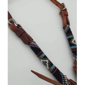 Cabestro de cuero marrón estilo occidental de una oreja, diseño geométrico con cuentas multicolor, herrajes plateados, el más vendido - Product Image 2