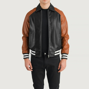 Veste en cuir pour homme, couleur noire et marron, avec fermeture éclair, col rabattu, coupe classique, pour l'automne - Product Image 5
