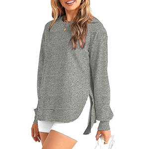 Sudadera de cuello redondo para mujer, manga larga, con aberturas laterales, informal, de color liso, holgada, cómoda y acogedora para uso diario - Product Image 3