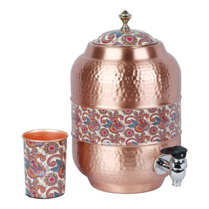 Handmade Pure <b>Copper</b> Water Dispenser 5L Antique Etching Conical Matka With Brass Tap For Home & Office Eco-Friendly Ayurvedic - Product Image 5