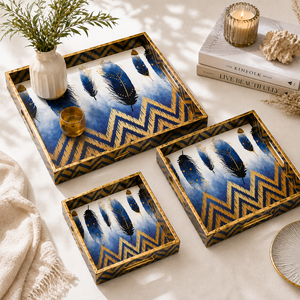 Ensemble de 3 plateaux de service en bois faits à la main – Plateaux décoratifs imprimés or pour la table et la décoration intérieure - Product Image 6