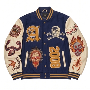 Veste universitaire pour homme, vert foncé, manches blanches, patch en chenille, lettres brodées, style baseball, coupe-vent, tricot côtelé rayé - Product Image 6