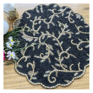 Beaded <b>Table</b> <b>Runner</b> <b>Black</b> And Gold Tropical Leaf Pattern Elegant Glass Bead Placemat For Wedding Banquet & Dining Room Tableware - Product Image 4
