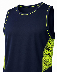 Trending Men's Navy Sleeveless Tank <b>Top</b> Neon Green <b>Mesh</b> Panel O-Neck Casual Knitted Polyester/Cotton Breathable Eco-Friendly - Product Image 3