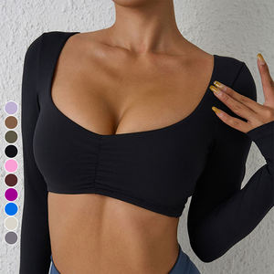 Long Sleeve <b>Crop</b> <b>Top</b> Women Solid Color Knitted Spandex Polyester Breathable Slim Fit Casual Style Brown - Product Image 5