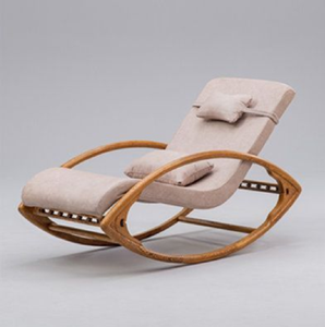 Fauteuil à bascule sculptural en bois courbé avec coussin en cuir brun intense, disponible à prix de gros. - Product Image 3