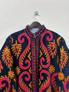 Luxury Navy <b>Velvet</b> Embroidered Suzani <b>Jacket</b> With Floral Pattern Full Sleeve Stand Collar Bohemian <b>Women</b> Winter Outerwear - Product Image 3