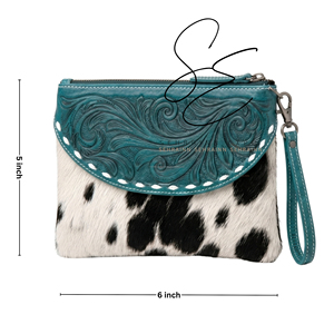 Artisan Hairon Cowhide Zipper Clutch Bag Turquoise Handmade Western Leather <b>Wristlet</b> Pouch for Ladies Daily Use Women Purse - Product Image 3