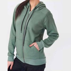 Women's Solid <b>Green</b> Hooded Zip-Up Fleece Hoodie Full Sleeve Regular Length Breathable Cotton Autumn Wear - Product Image 2