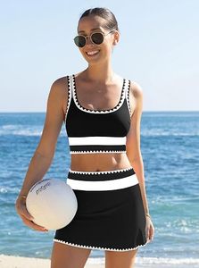 Women's Black White Floral Contrast Binding Tankini Set Scoop Neck <b>Crop</b> <b>Top</b> Skirt Two Piece Stretch High Waist Breathable - Product Image 4