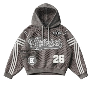 Sweat à capuche en maille style baseball vintage, bandes contrastées, patchs brodés personnalisés, 2026, tout personnalisable selon vos besoins - Product Image 1