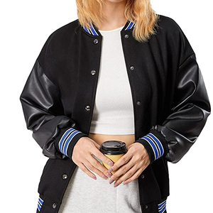 Veste universitaire unisexe ELEGANT CORPORATION noire avec manches en cuir PU, couleur unie, coupe-vent, respirante, boutons en corne, décontractée, automne - Product Image 3