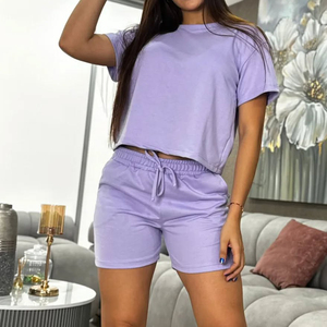Conjunto de 2 Piezas para Mujer, Top Corto Color Lavanda con Pantalones Cortos con Cordón, Estilo Casual Holgado, Primavera Verano, Color Sólido, Tejido de Punto - Product Image 6