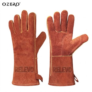Heat Resistant Leather <b>Gloves</b> - Flame Retardant Welding Forge BBQ Grill <b>Gloves</b> with Insulated Lining, Gray - Product Image 1