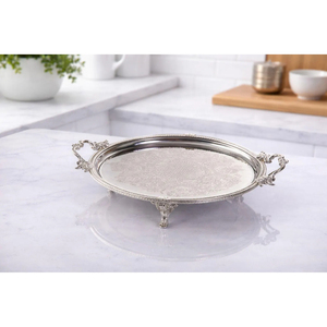 Plateaux de service en métal, plateau rond en acier inoxydable poli brillant avec support doré, idéal pour la maison et les hôtels. - Product Image 2