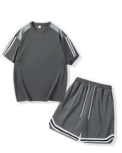 Men Solid Black Summer Breathable Crew Neck T-Shirt Set Knitted Short Sleeve Casual Shorts <b>White</b> Stripe Trim Polyester/Cotton - Product Image 6