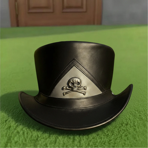 Chapeau haut de forme en cuir noir fait main de qualité supérieure, style gothique steampunk avec motif de crâne, pour cosplay - Product Image 4