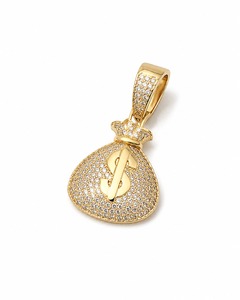 18K Solid Gold Money Bag Pendant With Diamond Micro Insert Hiphop Style Men's Necklace Round Brilliant Cut Diamonds - Product Image 3