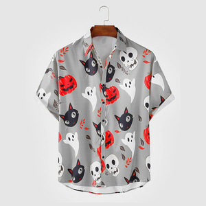Camisa de manga corta con estampado de Halloween para hombre, informal, verde, con dibujos animados de calabaza, fantasma, murciélago, gato, con botones, para otoño - Product Image 3