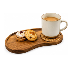 Wholesale Natural Acacia Wooden Serving Tray <b>with</b> Woven Rattan Mat for <b>Coffee</b> <b>Table</b>, Kitchen Countertop from Vietnam - Product Image 1