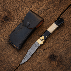 Custom Handmade Damascus Folding Pocket <b>Knife</b> with Horn & <b>Bone</b> <b>Handle</b> Lockback Camping Survival <b>Knife</b> with Leather Sheath - Product Image 5