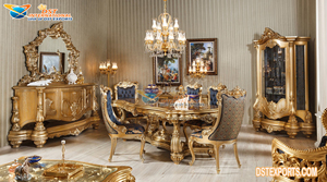 Elegante juego de comedor de madera de teca en pulido dorado indio de 6 plazas Maharaja muebles de comedor lujosa mesa de comedor de diseño turco - Product Image 5