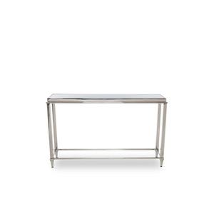 Table console convertible moderne en chrome miroir avec plateau et structure en métal, mobilier d'entrée d'hôtel - Product Image 1