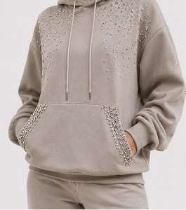 Sweat-shirt à capuche pour femme, gris, à paillettes, pull en coton tricoté, manches régulières, style décontracté d'automne - Product Image 4