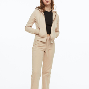 Sweat à capuche zippé pour femme en coton et polyester, matière de qualité supérieure, couleur beige personnalisée, manches longues - Product Image 4
