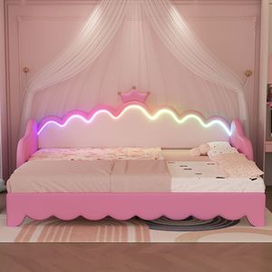 Moderno Letto a Soppalco Rosa per Bambini con Luci LED e Testiera a Corona, Estensibile - Product Image 3