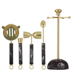 Ensemble d'outils de bar en or mat de luxe avec poignées en marbre noir, kit de fabrication de cocktails haut de gamme, équipement de mixologie moderne, support décoratif - Product Image 1