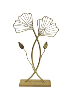Sculpture en aluminium doré en forme de feuille de Ginkgo Biloba sur socle en bois - Décoration élégante en métal en forme de branche d'arbre pour la table, idéale pour une maison moderne - Product Image 3