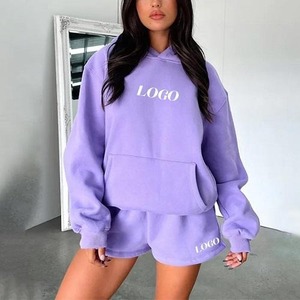 Ensemble sweat à capuche et short en polaire ample pour femme grande taille, motif lavande, tenue décontractée deux pièces, ensemble de survêtements à capuche - Product Image 1