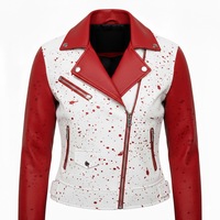 Blouson moto en cuir pour femme, rouge et blanc, imprimé Reaper Blood Or Shadow, style motard, manches longues, fermeture éclair