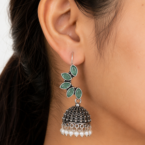 Pendientes Jhumka de Piedra Verde Menta Oxidada |   Pendientes de Perlas Étnicos Estilo Boho - Product Image 4