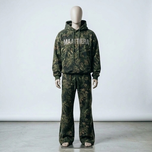 Mens Dark Green <b>Camouflage</b> Hoodie <b>Tracksuit</b> Set Wide Leg Pants Streetwear Sportswear Custom Matching Outfit - Product Image 1