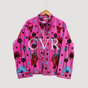 Abrigo de Terciopelo Rosa con Bordado Floral a Mano, Cuello Mao, Manga Larga, Ropa Exterior Informal de Otoño para Mujer - Product Image 1