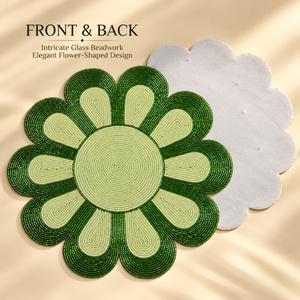 Green Flower <b>Glass</b> Beaded Placemat Petal Shaped <b>Table</b> <b>Mat</b> Two Tone Handcrafted Dining Decor Home Wedding Party | Elegant Design - Product Image 2
