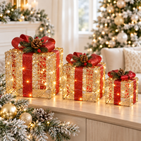 Ensemble de 3 décorations de boîte cadeau en fil métallique scintillant à piles avec nœud en ruban rouge et LED blanc chaud pour l'arbre de Noël