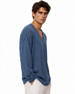 T-shirt à manches longues et col en V pour homme, coupe ample, 100% coton, vêtement décontracté, t-shirt léger pour homme, à porter au quotidien - Product Image 3