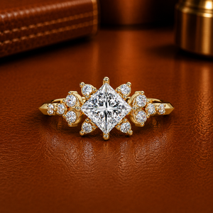 IGI Certified Solitaire Princess Cut Lab Grown Diamond Engagement Ring 14K Pure Gold Rhodium Plated Floral Side Stone Ring - Product Image 1