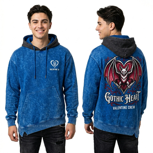 Sweat-shirt à capuche bleu délavé style gothique avec imprimé cœur de chauve-souris au dos pour homme, contraste de couleurs, streetwear personnalisé, effet délavé à l'acide, fournisseur en gros - Product Image 1