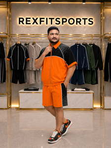 REXFIT SPORTS 2026 – Ensemble de survêtement homme orange et noir, veste à manches courtes et short, personnalisable, deux pièces, sportswear streetwear – Vente en gros - Product Image 5
